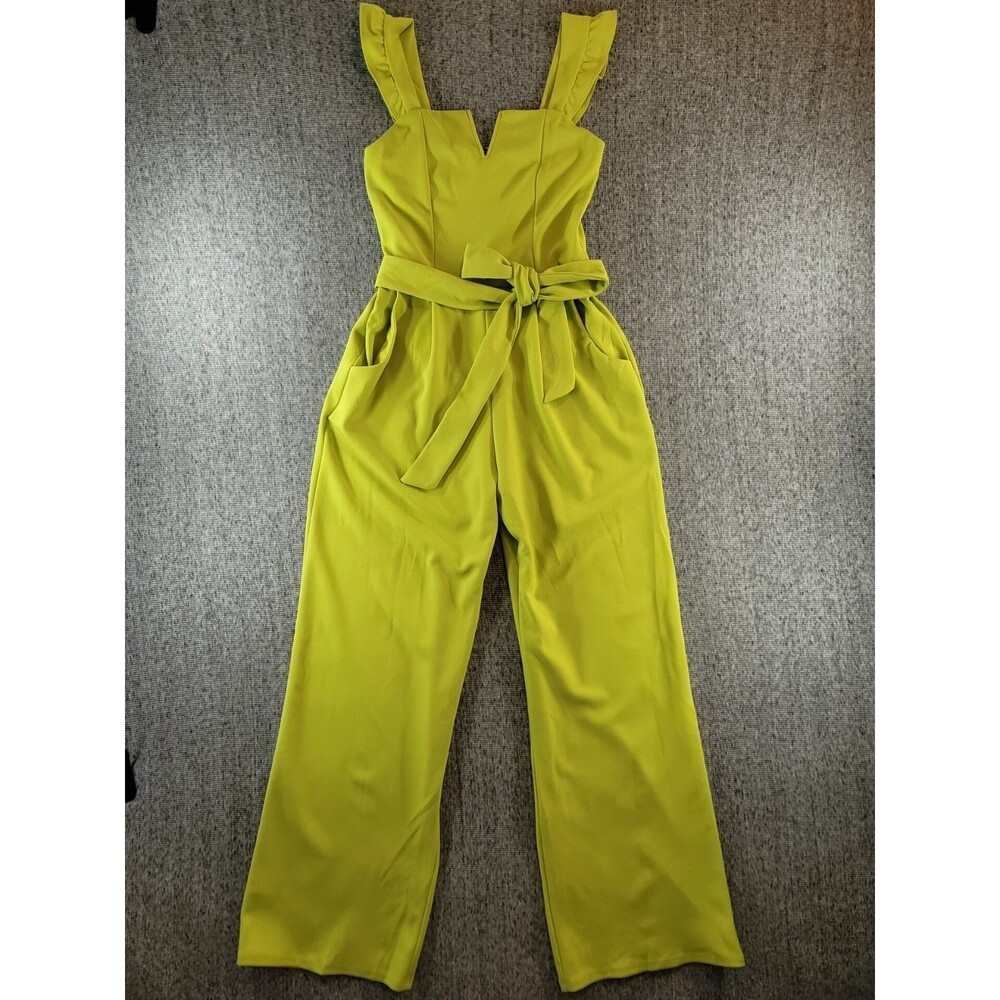 mm mm mm Chartreuse Ruffle Sleeve Belted Stretch Jumpsuit Size M